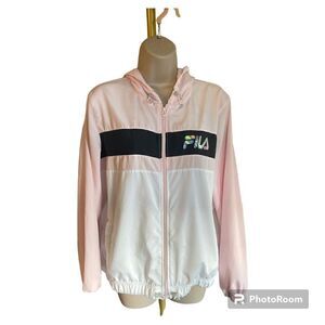 FILA Womens Pink/Black/White Zip Front Hooded Windbreaker Size M